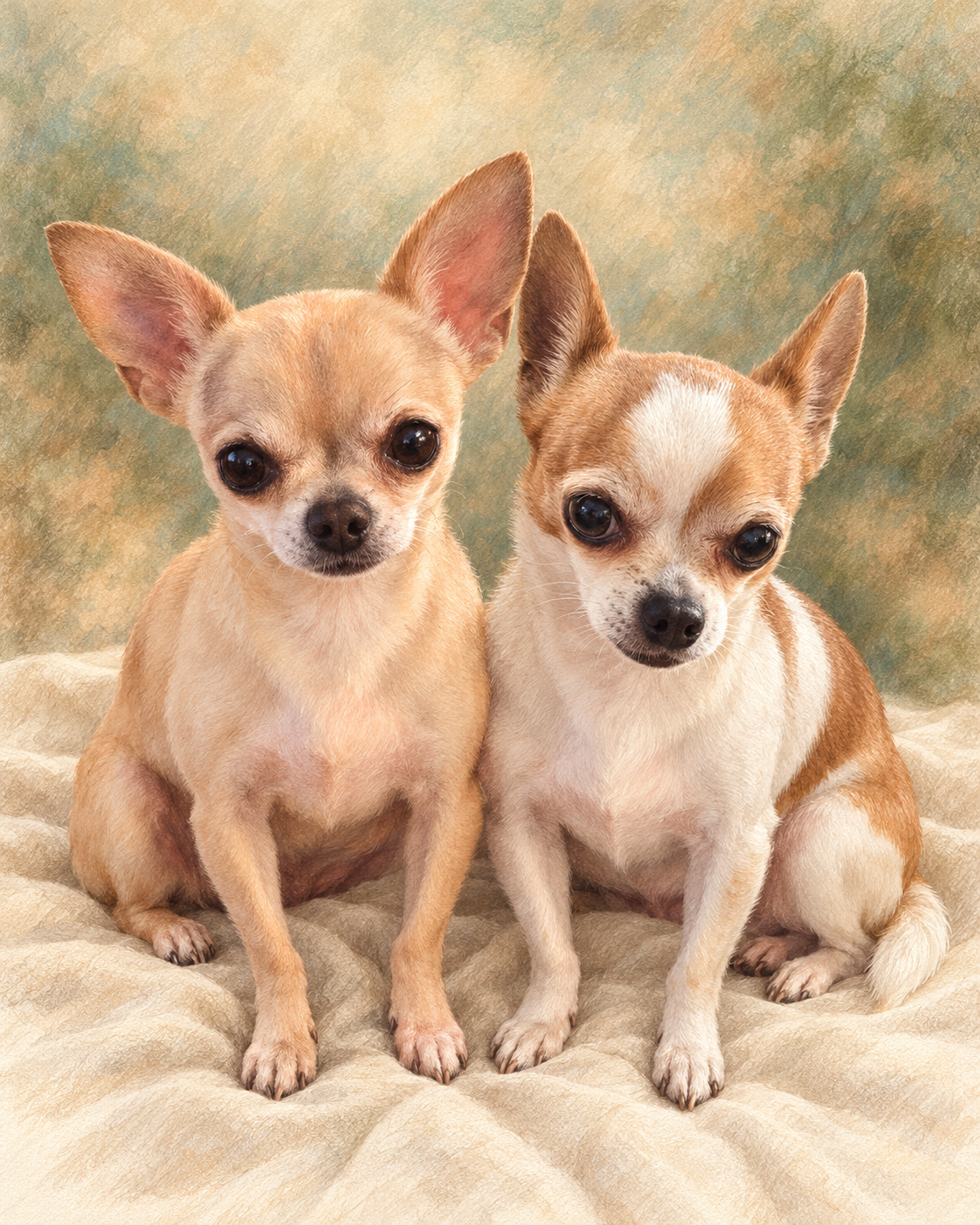 Ashley and Haven seated together in a soft pastel-style portrait created from separate photographs