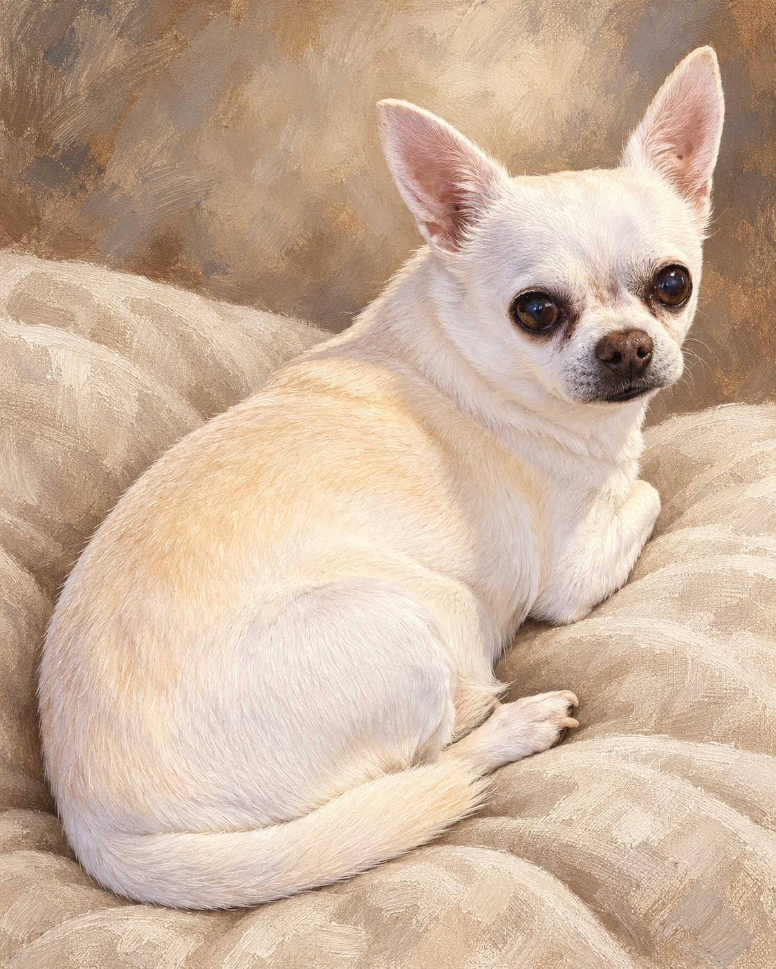 Oil painting of Toby reclining on ivory linen