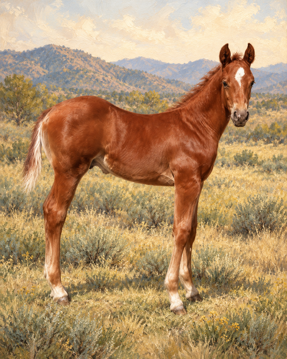 Painterly portrait of Junior, a young chestnut horse in an Arizona meadow
