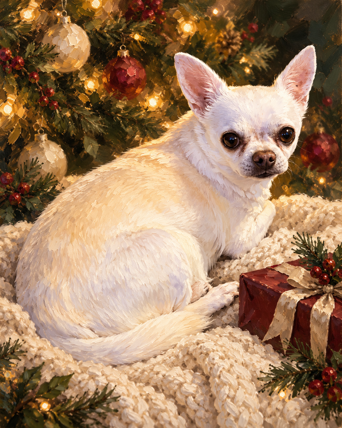 Toby resting beside a Christmas gift under a warmly lit decorated tree